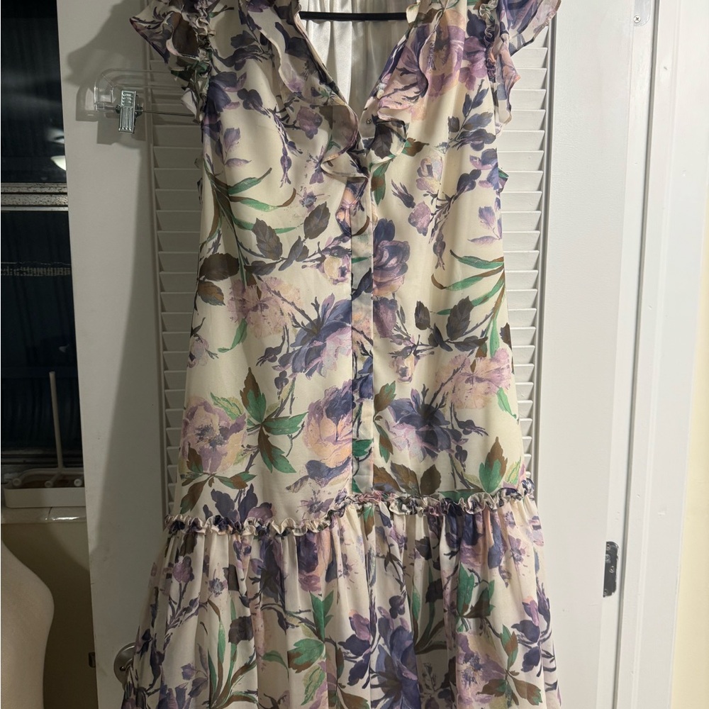 Kobi Halperin Purple and Cream Floral Midi Dress
